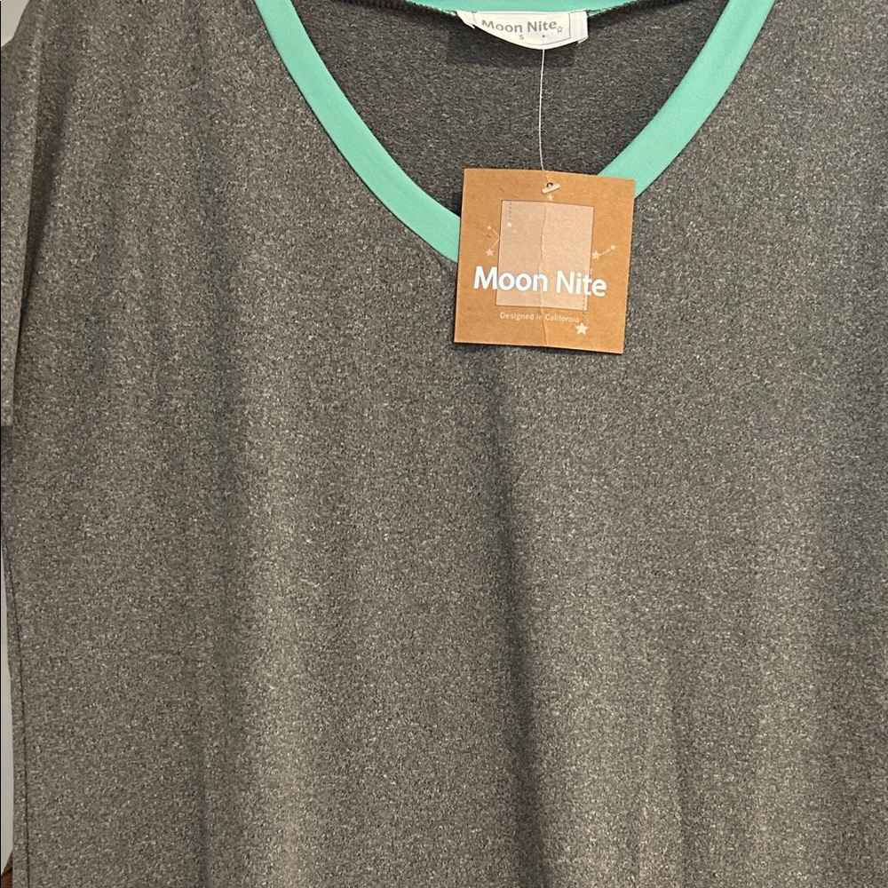 Gray V-Neck Night Gown with Teal Trim. - Picture 5 of 6